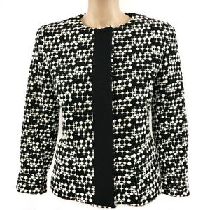 AKRIS PUNTO Blazer Jacket Tweed Dot Embroidered Wool Belted Waist Black White 8